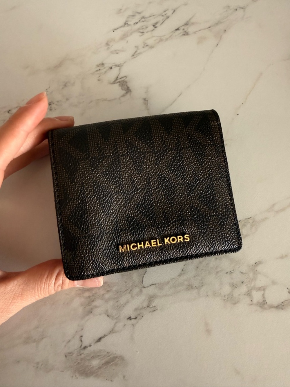Michael Kors Black & Brown Signature Card Holder with Gold Logo